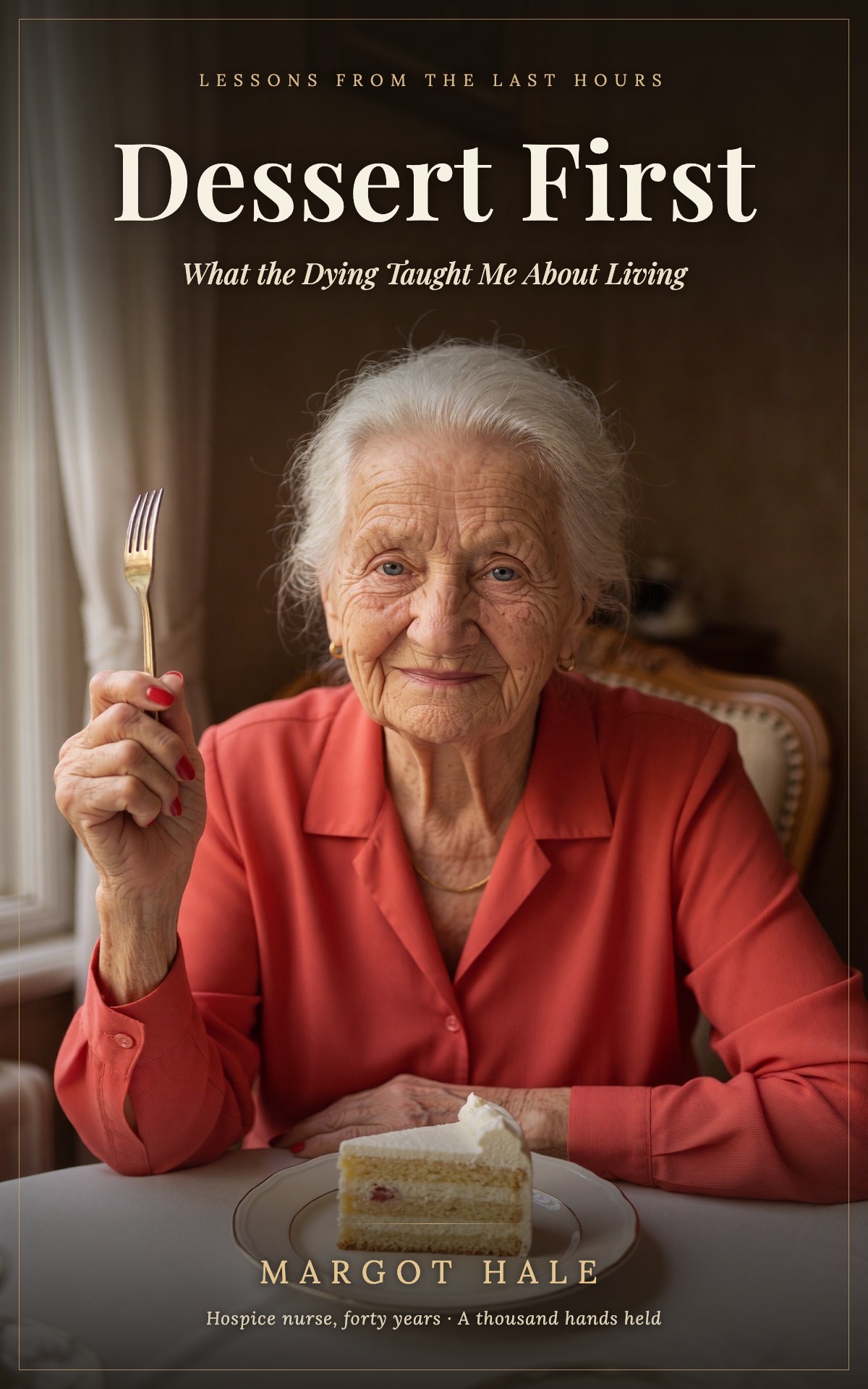 Dessert First — book cover: Margot Hale at her table with a slice of cake and a gold fork