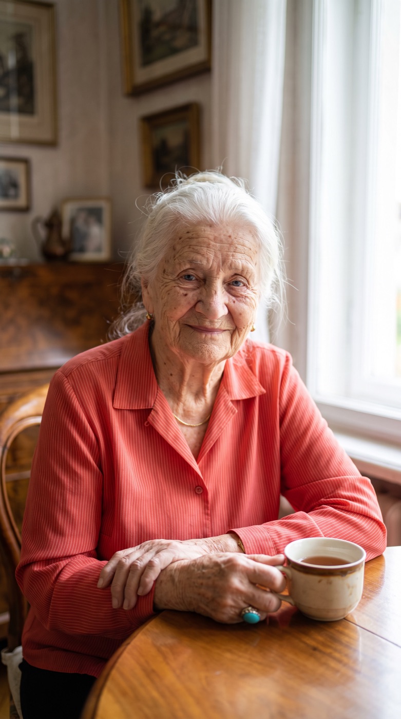 Margot Hale, 87, at her kitchen table — platinum hair swept back, coral blouse, tea in the good china